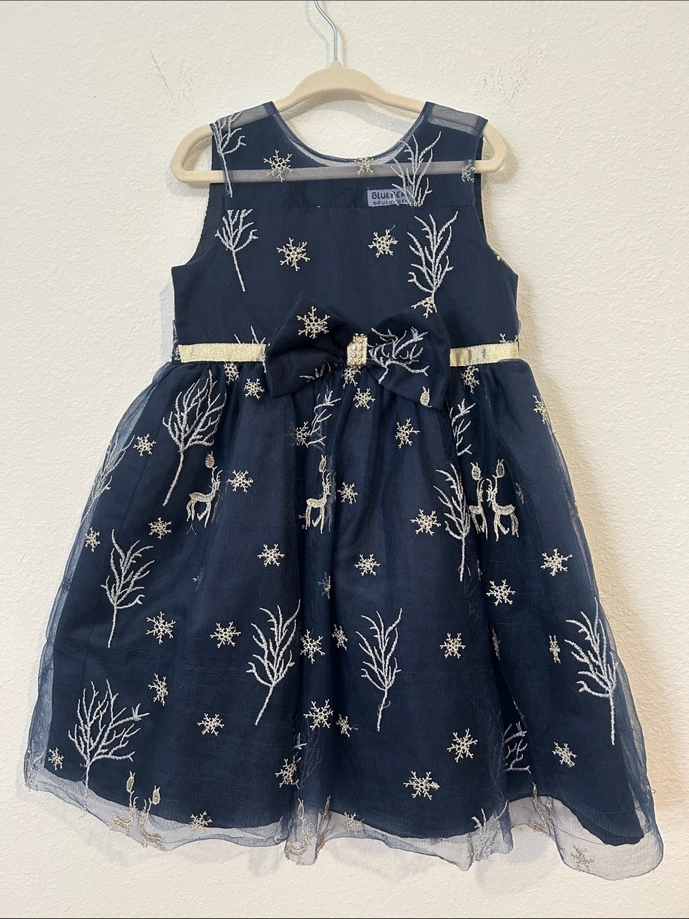 Blue Girls' Navy Embroidered Holiday Dress with Gold Accents